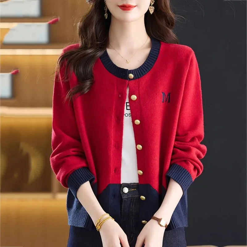 Colorblock Cardigan Coats Women 2026 New Autumn Design Versatile And Stylish Round Neck Sweater Sweater Jacket