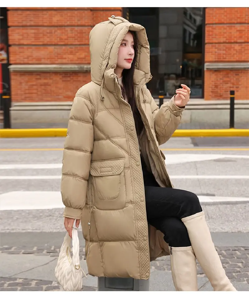 2025 Winter Women's New Hooded Casual down Cotton Coat, Long Sleeve Hooded Design Mid-Length Jacket, Fashionable, Elegant, and Warm