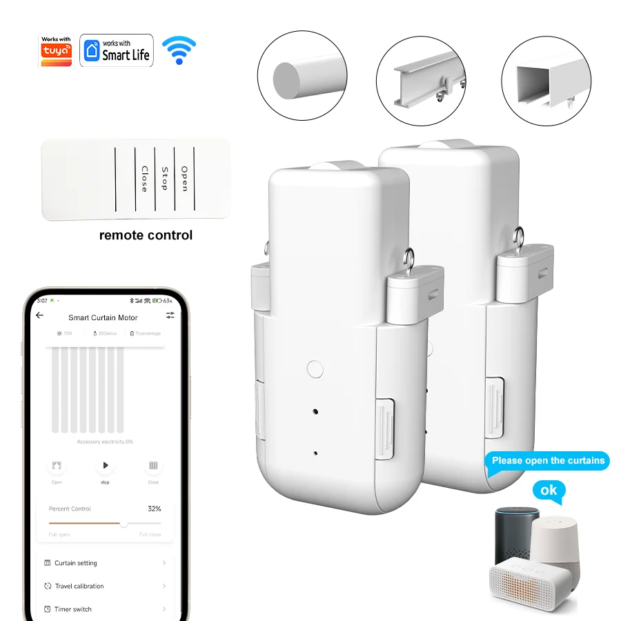 New Update WIFI Automatic Electric Smart Curtain Opener Drive Motor Support Alexa Google Voice Control （With Remote Control ）