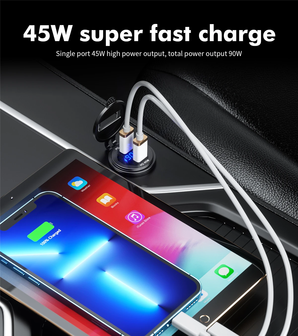 90 W Dual Typ-C PD Steckdose Auto Ladegerät Steckdose Adapter 12 V 24 V Wasserdichte Schnelle Ladung für Limousine Boot SUV RV Motorrad – Detail 6