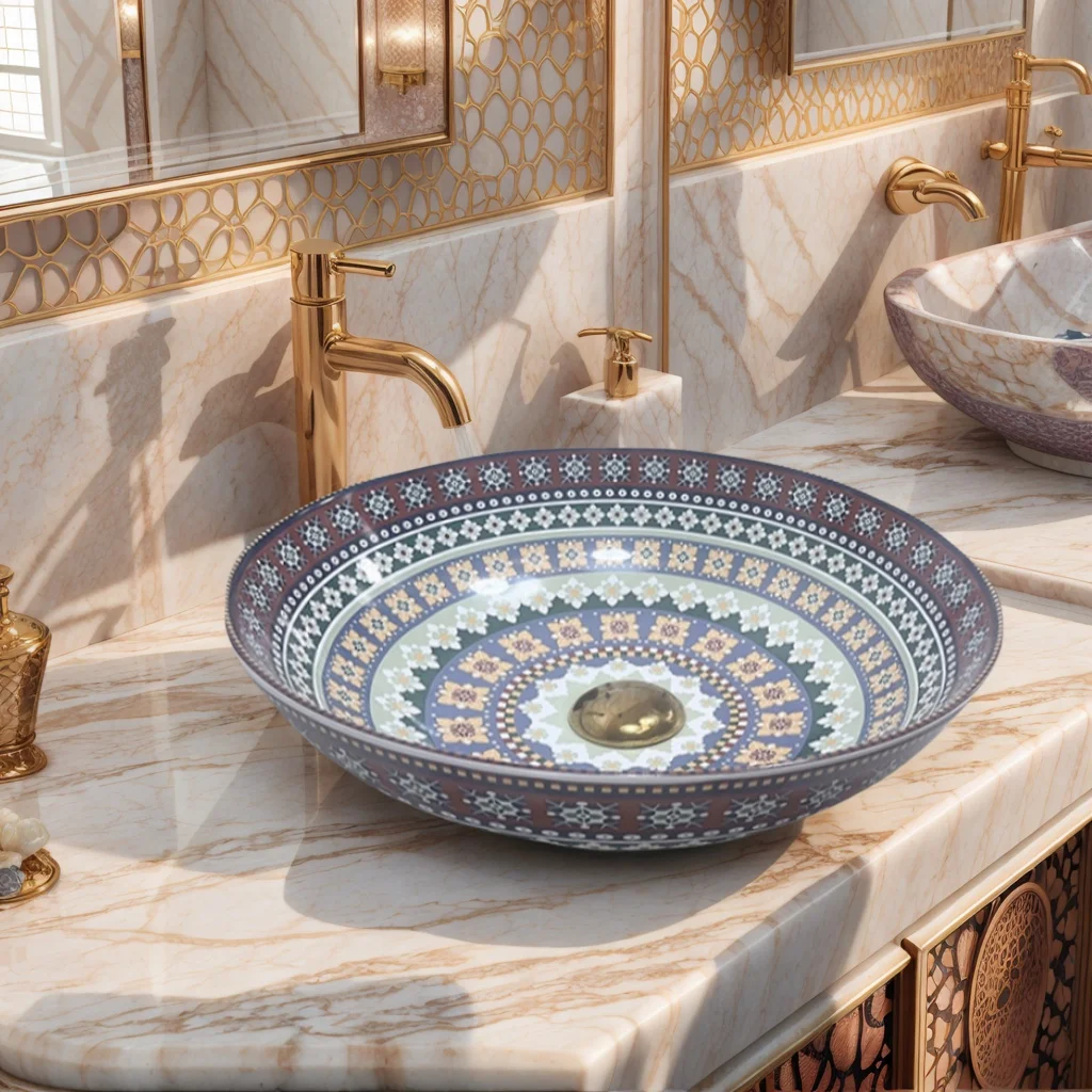Keramik-Kunstwaschbecken mit rundem Waschbecken, Gestreiftes Waschbecken im künstlerischen Stil aus dem Nahen Osten