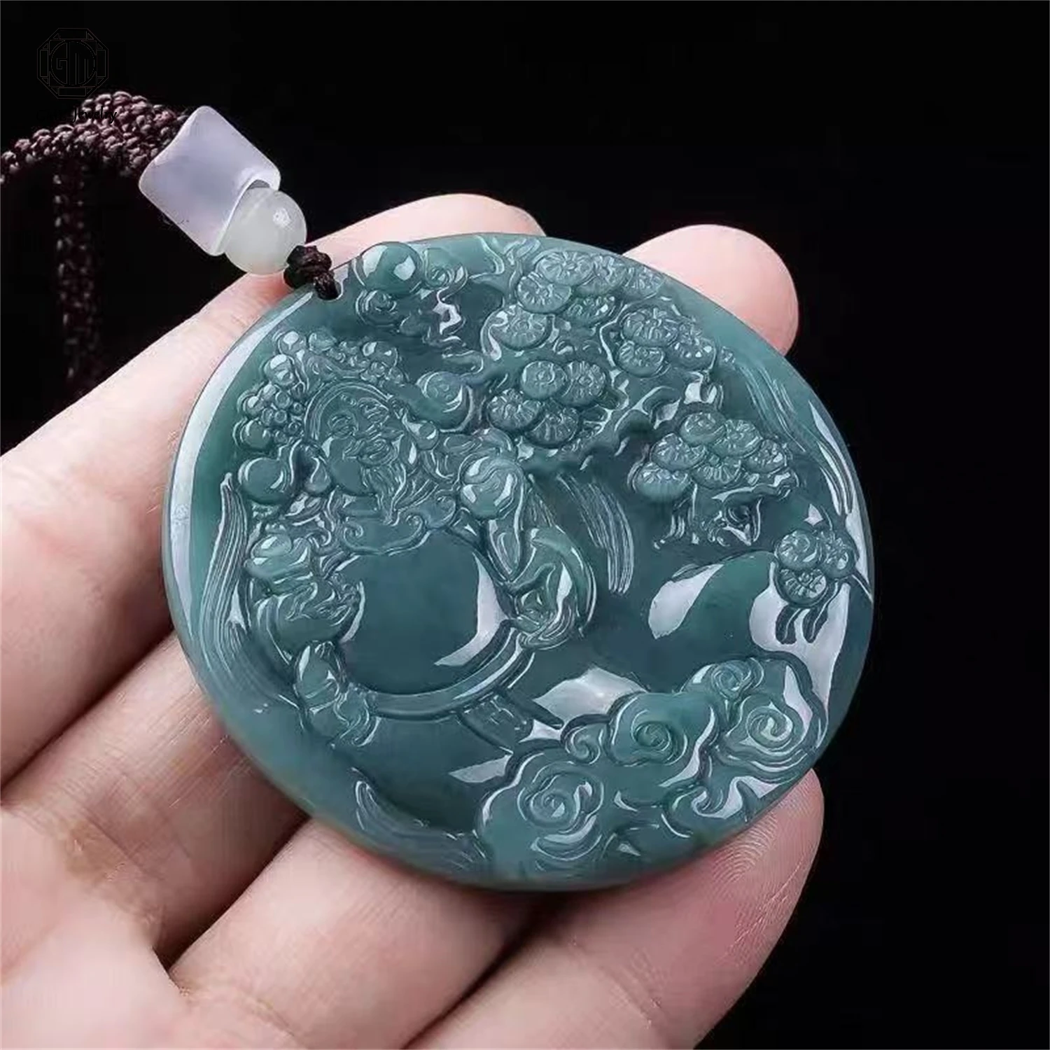 Natural Grade A Jadeite Blue Water Wealth God Carved Plaque Pendant Rice Grade Unisex Gemstone Necklace Exquisite Jewelry Gift
