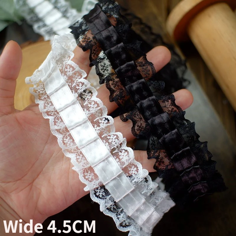 4.5CM Wide White Black Mesh Chiffon Pleated Guipure Lace Fabric Needlework Ruffle Fringe Lace Edge Trim Dress Collar DIY Crafts