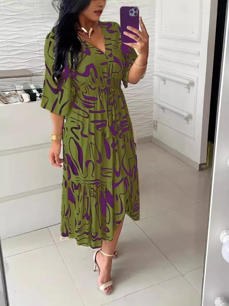 Summer Bohemian Wommen Print Midi Dress V-Neck Half Sleeve High Elastic Waist A-Line Dress Female Fashion Casual Robe Vestido