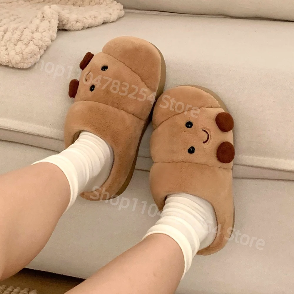 

Cute Couples Home Slippers 2026 Anti-Slip Warm Bread Design Winter Fun Thin Strips Men's Women's Cotton Slippers Comfortable