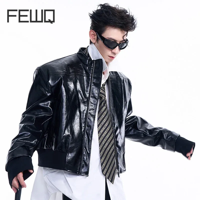 

FEWQ Short Shoulder Padded Leather Men's Jacket Autumn Winter Silhouette Darkwear Solid Color Long Sleeve Male Tops 24E2160