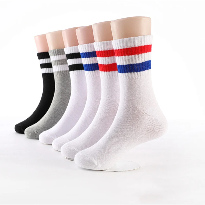 Kids Classic Two Striped Cotton Crew Socks Retro Old School Children Baby Boys Girls Socks Hiphop Skate White School Socks Black