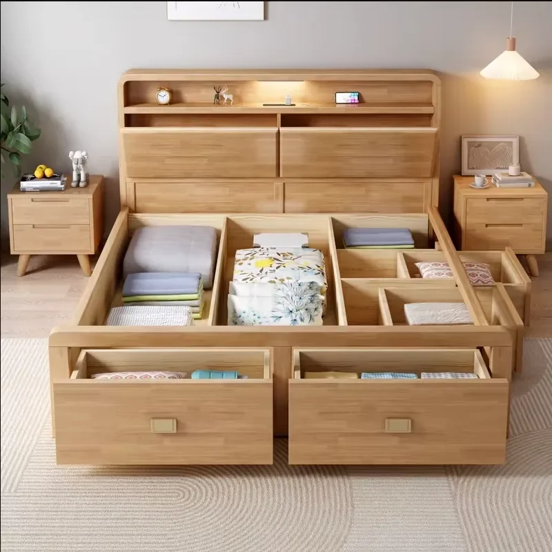 Nordic-style Solid Wood High Box Bed Gas-Lift Storage Drawers 1.8m Double Bed Multi-Function Disassembly-Factory Direct Sales