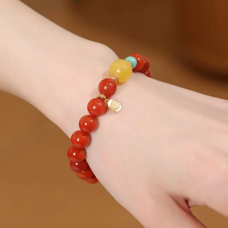 Chinese Style 8mm Natural Red Agate Beaded Bracelet With Amber Turquoise Lucky Fu Charm Good Fortune Blessing Jewelry For Women