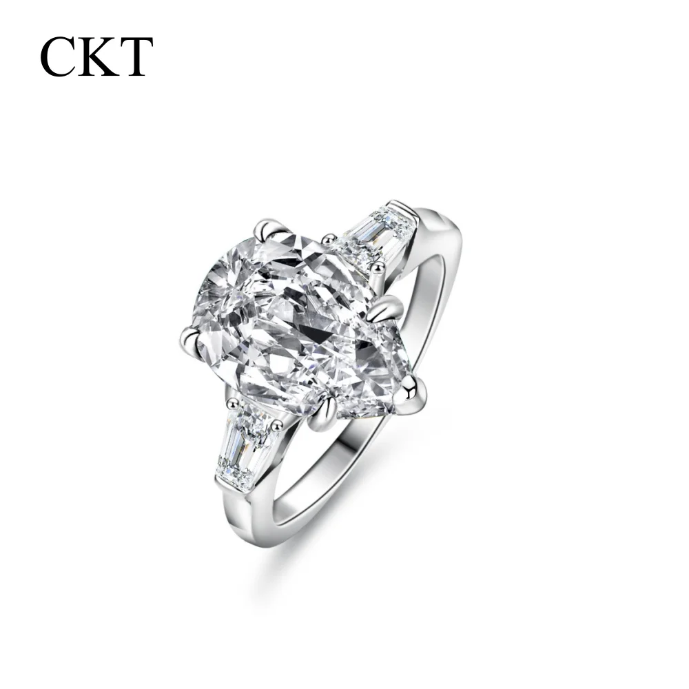 CKT Waterdrop Shape 4ct Moissanite Engagement Rings for Women Pear Tapered Baguette Cut Wedding Band Platinum Pt950 Jewelry