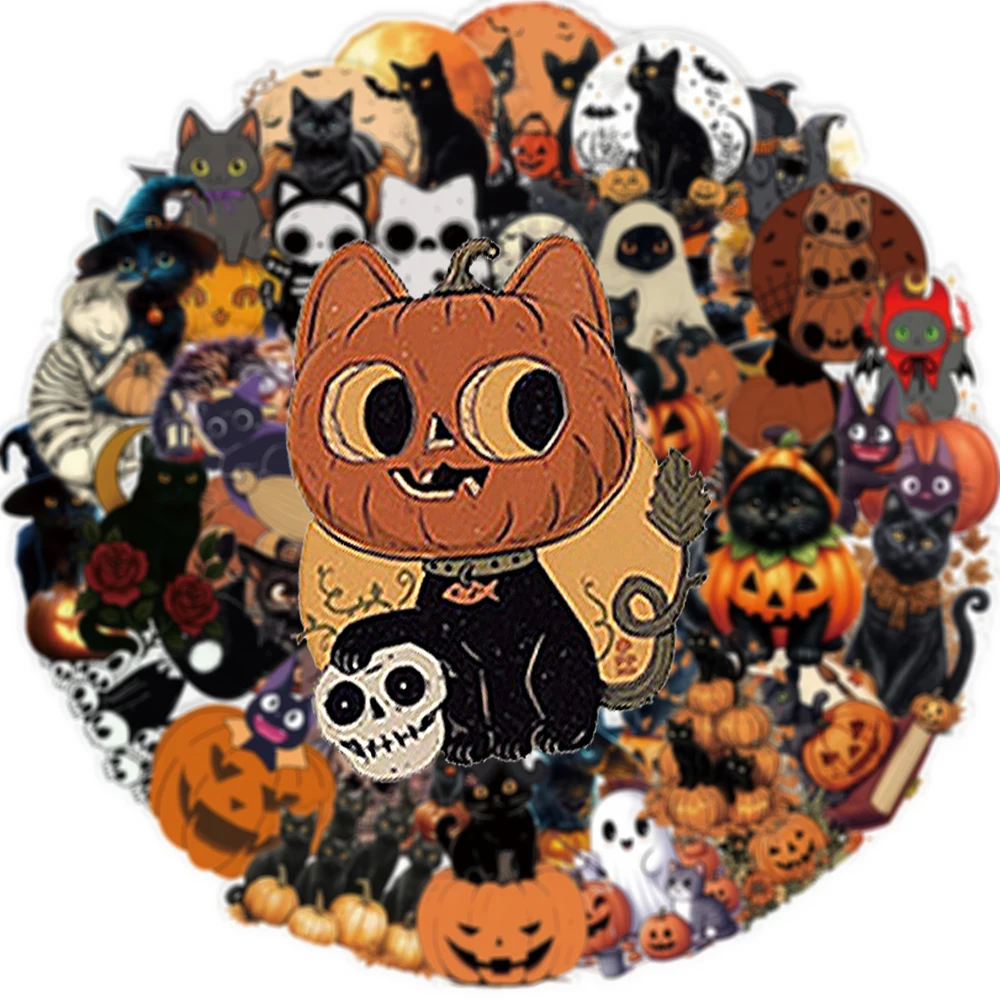 

10/30/50pcs Transparent Halloween Stickers Horror Goth Black Cat Pumpkin Cartoon Sticker Luggage Phone Suitcase Retro Decals Toy