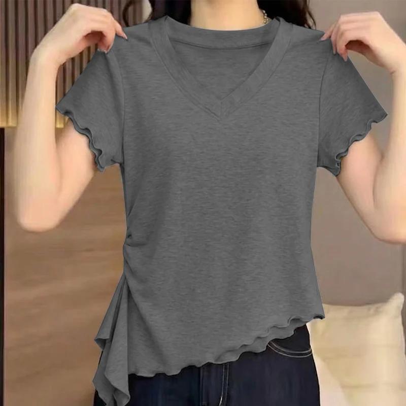 Slim Fit V-Neck Short Sleeve T-Shirt Women Summer Versatile plus Size Wood  Ear Flounce Casual Breathable Skin-Friendly