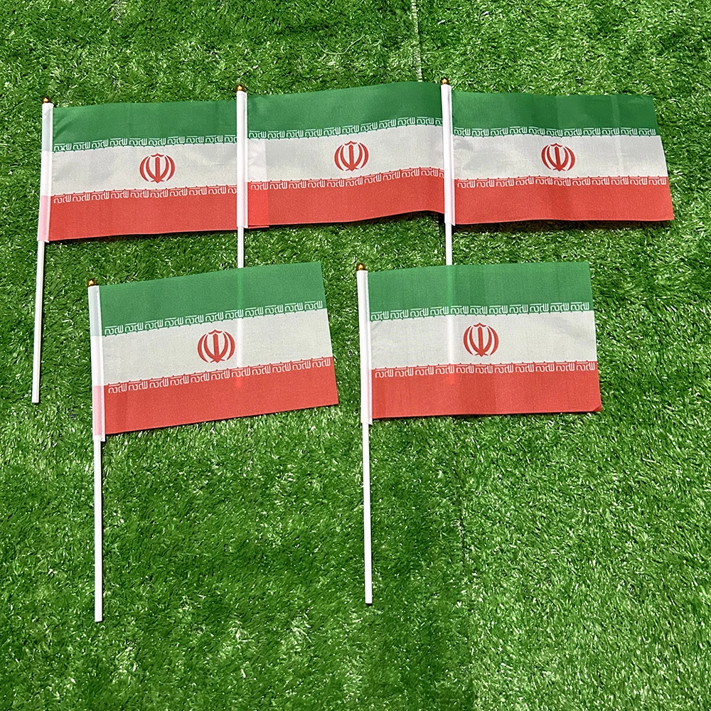 BANDERA SKY bandera nacional de Irán 10/20/50/100 Uds 21*14cm banderas onduladas a mano de Irán con poste de plástico para actividades deportivas decoración del hogar