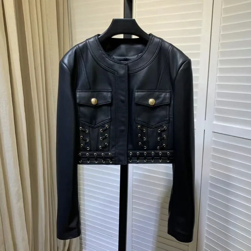 

Fashion And Luxury Coat Women Spring And AutumnO-Neck Collar Ultrashort Lengh Genuine Leather Jacket Pleated Technology