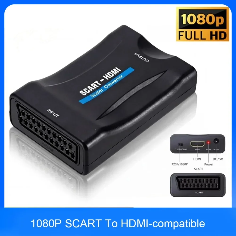 SCART to HDMI-compatible Converter Adapter 1080P Video Audio Upscale with USB DC Cable Plug and Play for Sky Box STB DVD TV