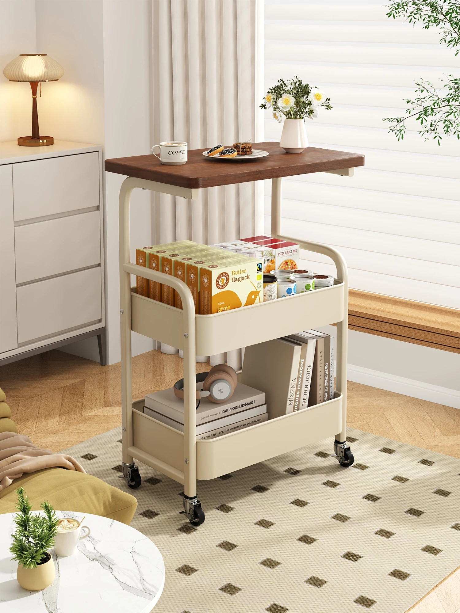 

Removable coffee table snacks trolley cream wind living room sofa side table mini bedside rack table
