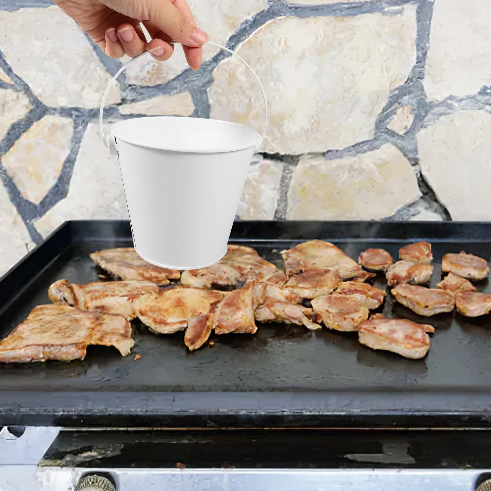 

Small Metal Buckets Grease Catcher for Grill White Tin Pails Oil Drip Pan High Temperature Resistant Large Capacity Bbq Cleaner