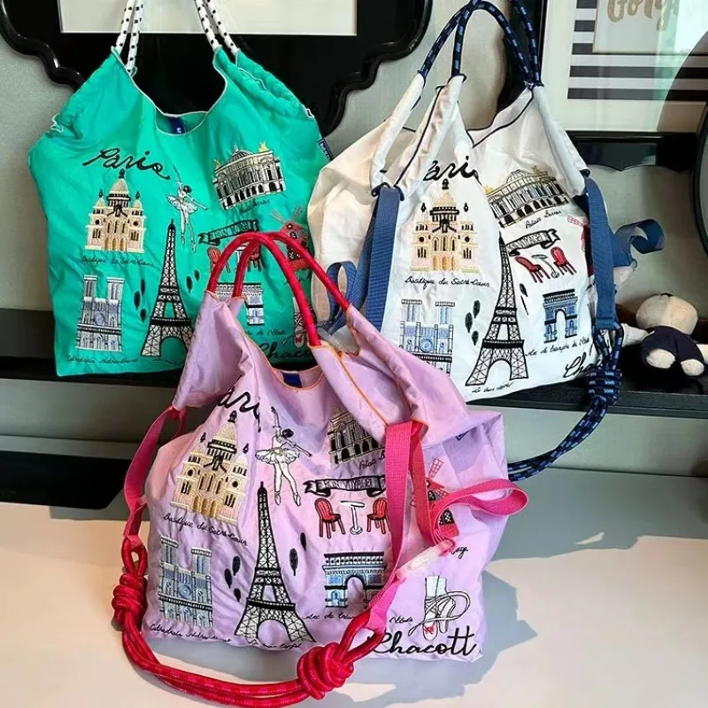 Japanese Hand Bag Oxford Cloth Embroidery Nylon Shopping Portable Shoulder Bag Korea Foldable Bag  Paris Embroidery