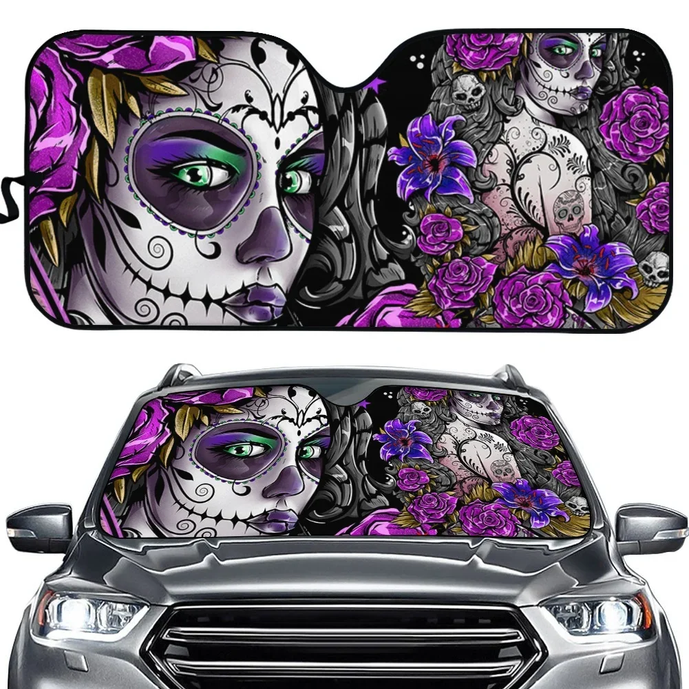 Dia dos Mortos Sugar Skull Car Sun Shade para mulheres, pára-sol desdobrada, pára-brisa para meninas, capas de acessórios anti UV