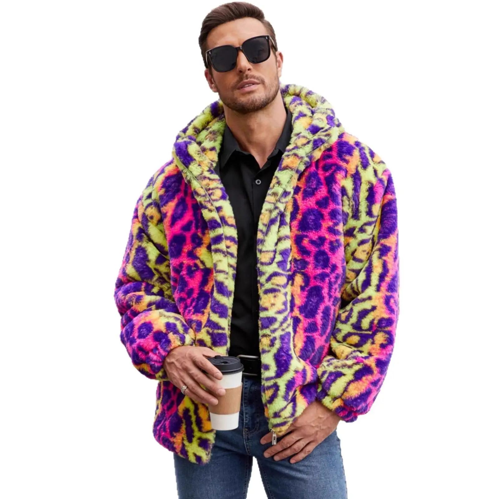 Thiened Plu Color Blo Calor Casacos Estampado de Leopardo Jaet para Homens Faionable Street Sle Casaco Longo Solto