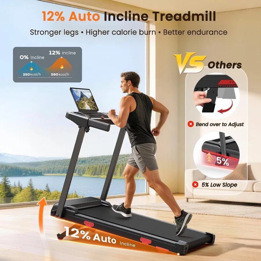 Walking Pad Treadmill with APP Control, 12 Auto Incline, Foldable Home Fitness Equipment, Steel Frame, Black, Space-Saving Desi