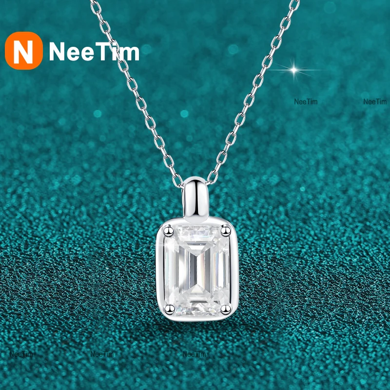 NeeTim 1ct 2ct Moissanite Necklace Pendant S925 Sterling Silver Emerald Radiant Cut Moissanite Necklaces for Women Jewelry