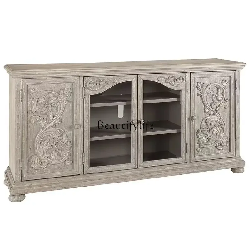 

FG40French retro TV cabinet small apartment living room solid wood side cabinet American carved glass