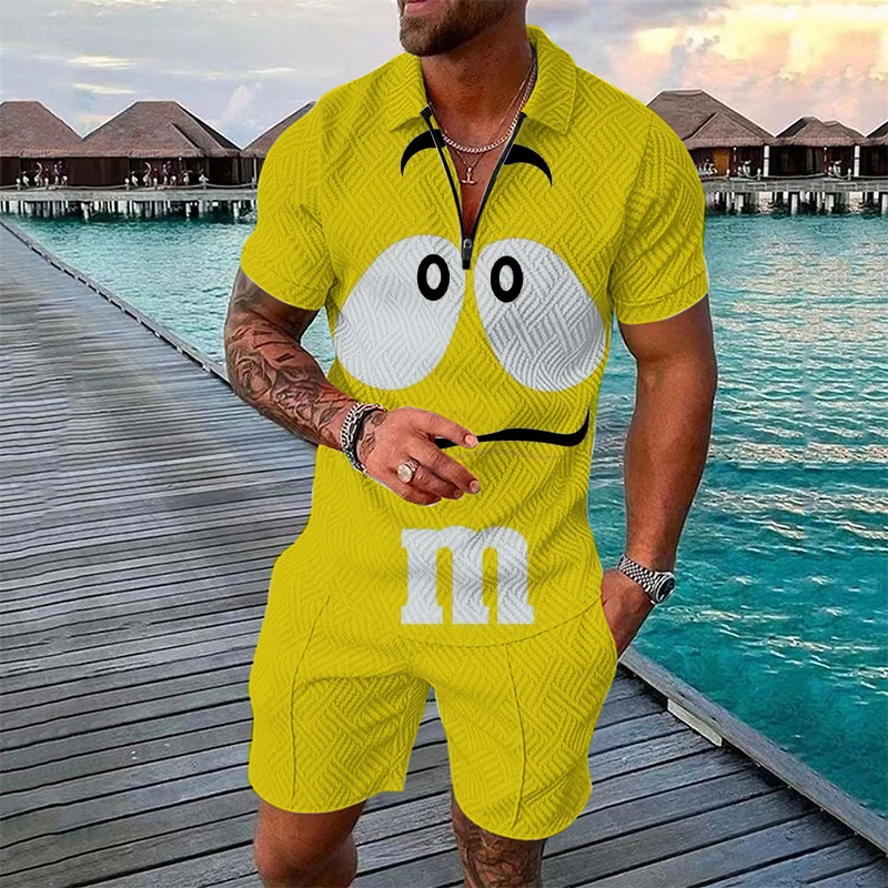 Conjunto divertido con estampado de M&M para hombre, conjunto de moda con camiseta polo de manga corta con cremallera + pantalones cortos, conjunto de 2 piezas, traje de verano estilo hip hop urbano.