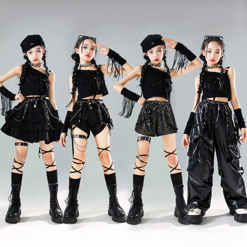 Girls Hip Hop Clothes Sets Sequin Tassels Crop Top Cargo Pants Skirt Street Dance Shorts Streetwear Children Jazz K-pop Costumes