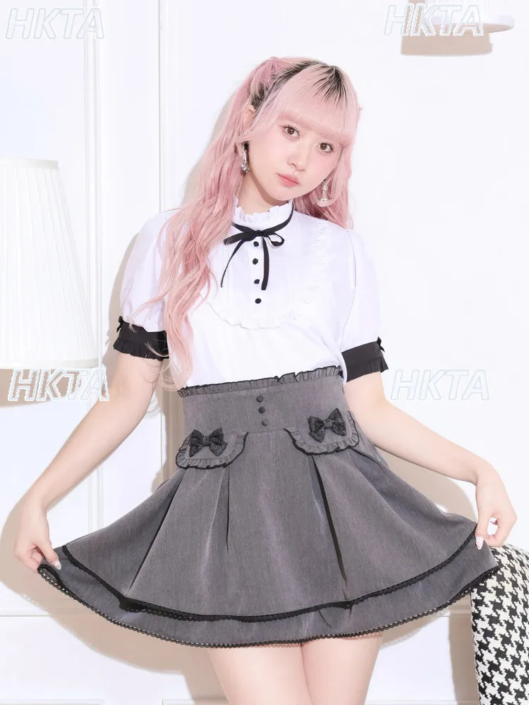 

Original Japanese Sweet Court Style Stand Collar Tie-up Shirt Girls Women Lolita Sweet Bow Ruffle Short Sleeve Top Summer Blouse