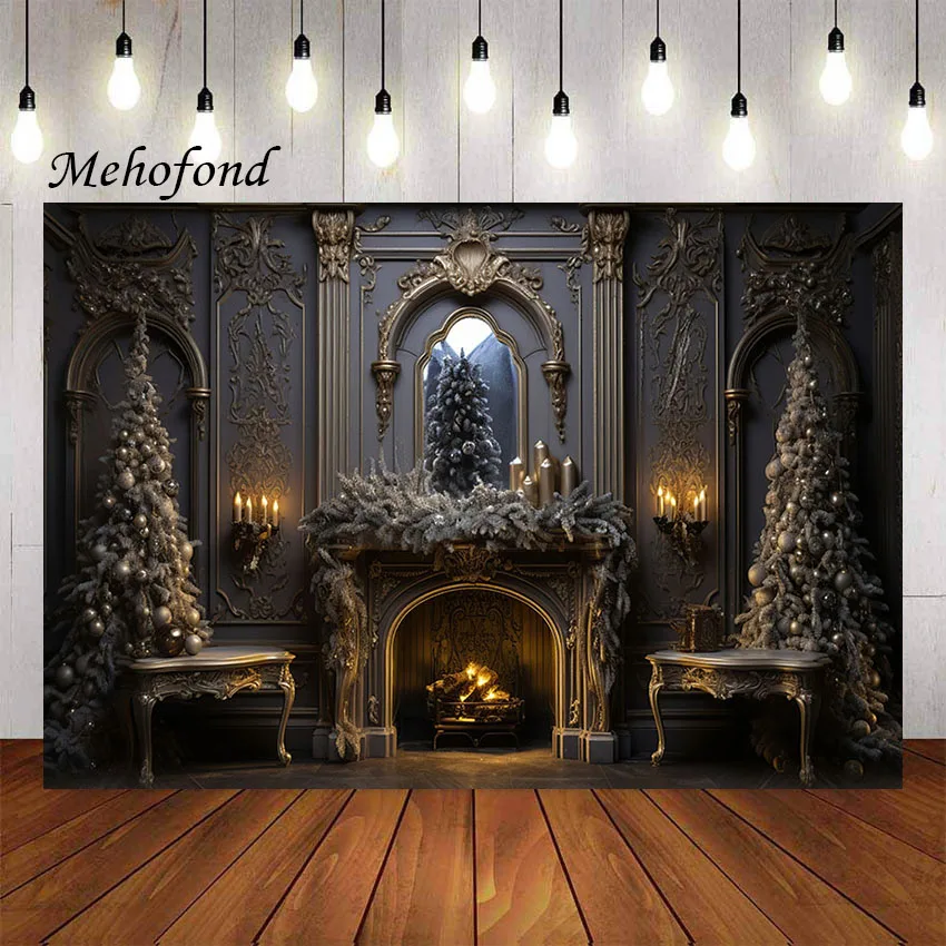 

Mehofond Photography Background Vintage Christmas Fireplace Winter Xmas Trees Kids Family Portrait Decor Backdrop Photo Studio