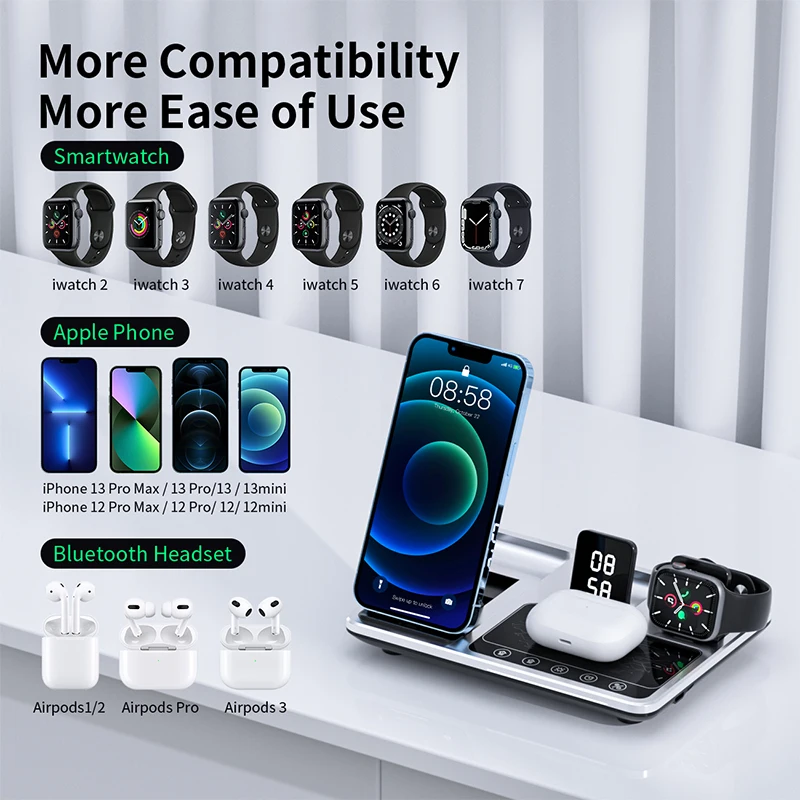 4 in1 Wireless Charger Dock Alarm Clock Fast Charger Stand for iphone 15 14 13 12 for iWatch Airpods Mobile Phone Charge Station