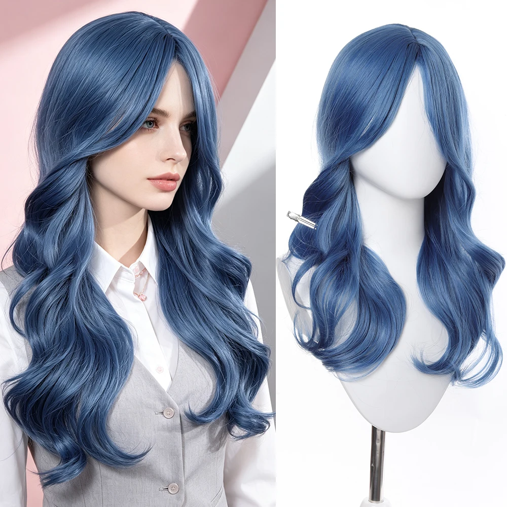 Synthetic 22 Inch Curtain Bangs Blue Wavy Long Curly Hair Wig Halloween Cosplay Heat Resistant Fiber Hair Accessories