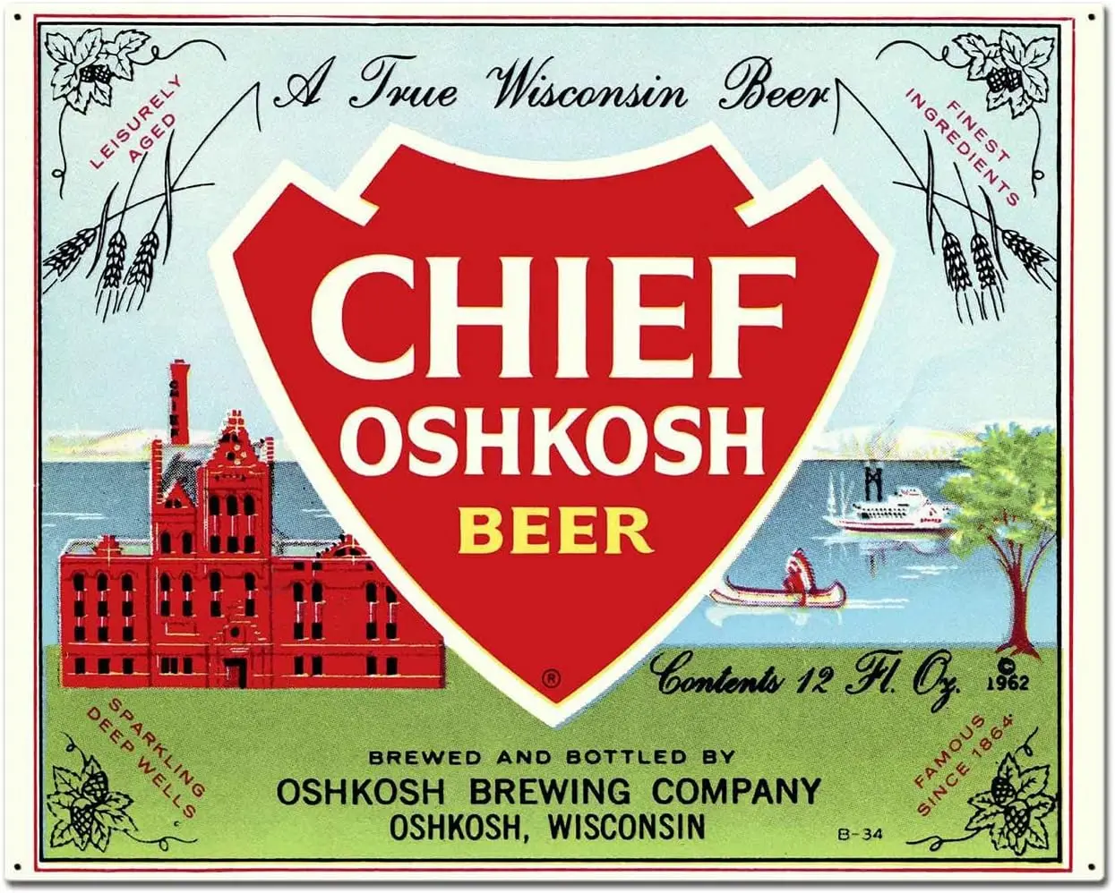 Chief Oshkosh Beer Tin Sign Retro Kitchen Restaurant Bathroom People Cave Farm Wall Decoration Iron Metal Plate 8x12inch