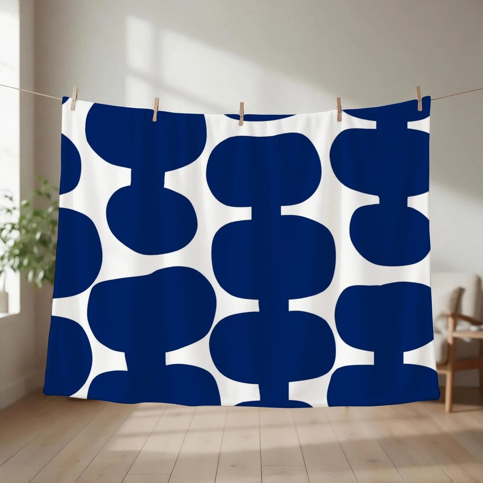 Iconic Mid Century Modern Pattern in White and Royal Blue Throw Blanket couch cozy soft plush fuzzy picnic outdoor blanket