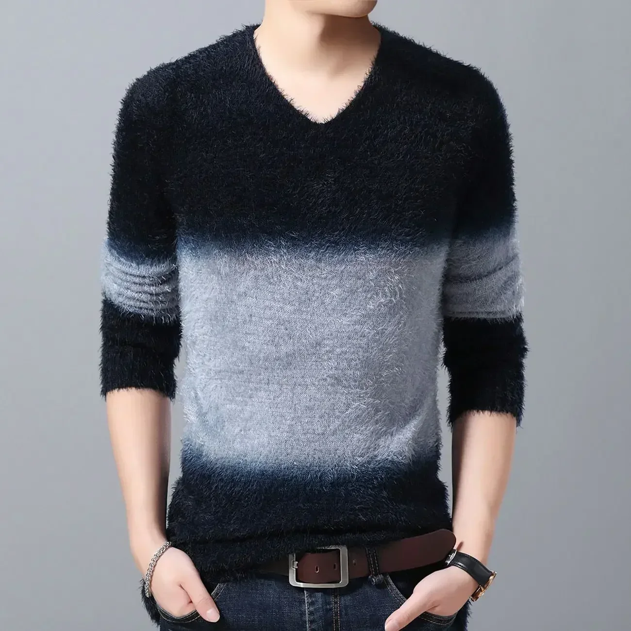 

Knit Sweater Male Spliced Blue Smooth Pullovers Men's Clothing V Neck Large Big Size Best Selling Products 2024 New in Trend Fun