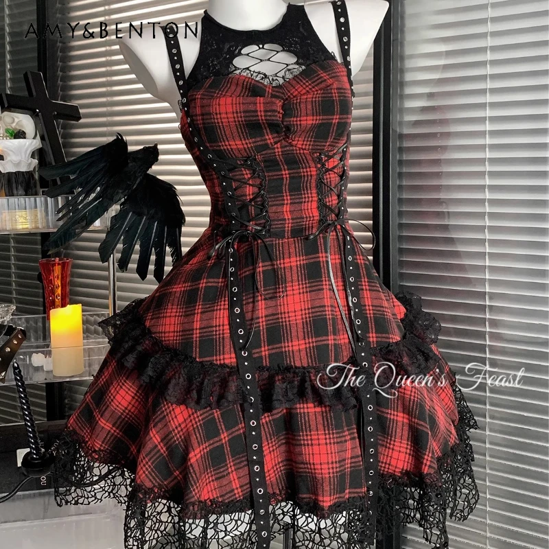 

Rock Cool Girl Lace Hollow Women's Dress 2025 Summer New Red Black Splicing Goth Punk Style Sleeveless Camisole Dresses Ladies