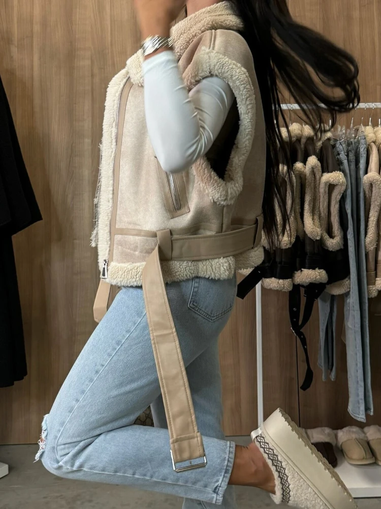 جديد إمرأة شتاء فو سترة من جلد الغزال أكمام سستة حتى الصوف شيربا اصطف سترة موضة بلون ملابس خارجية غير رسمية معطف سترة