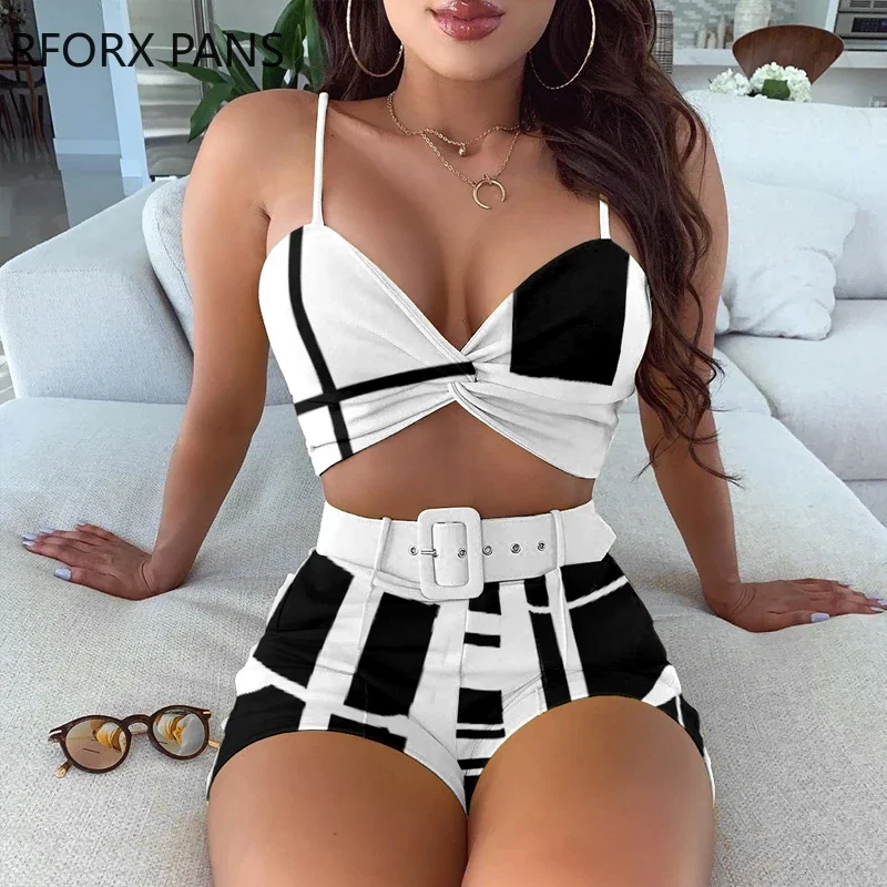 Colorblock Spaghetti Strap Twisted Top & Shorts Set Frauen Anzug