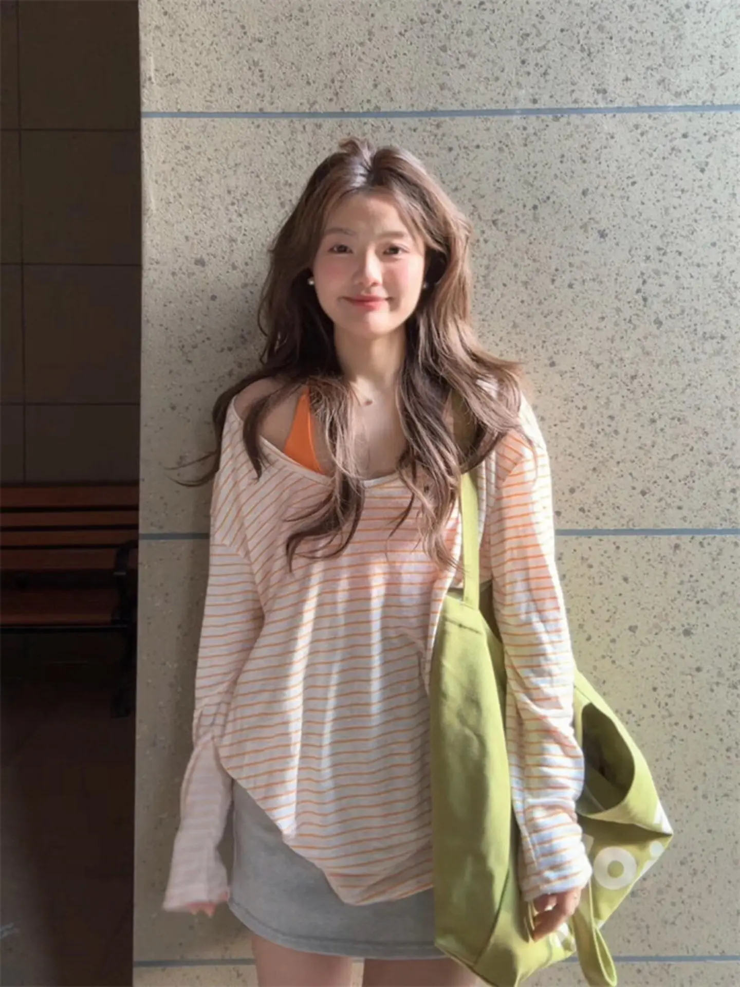 

Ретро-американский полосатый розовый лонгслив с длинным рукавом, женский свободный облегающий топ-жилет, комплект из двух предметов, повседневный стиль, полиэстер