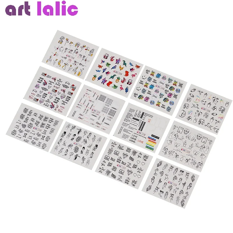 Ensemble d'autocollants mixtes pour ongles, 24 pièces, transfert d'eau, fleur noire, encre colorée, Design d'oiseau, autocollants pour Nail Art, DIY bricolage, pour la décoration