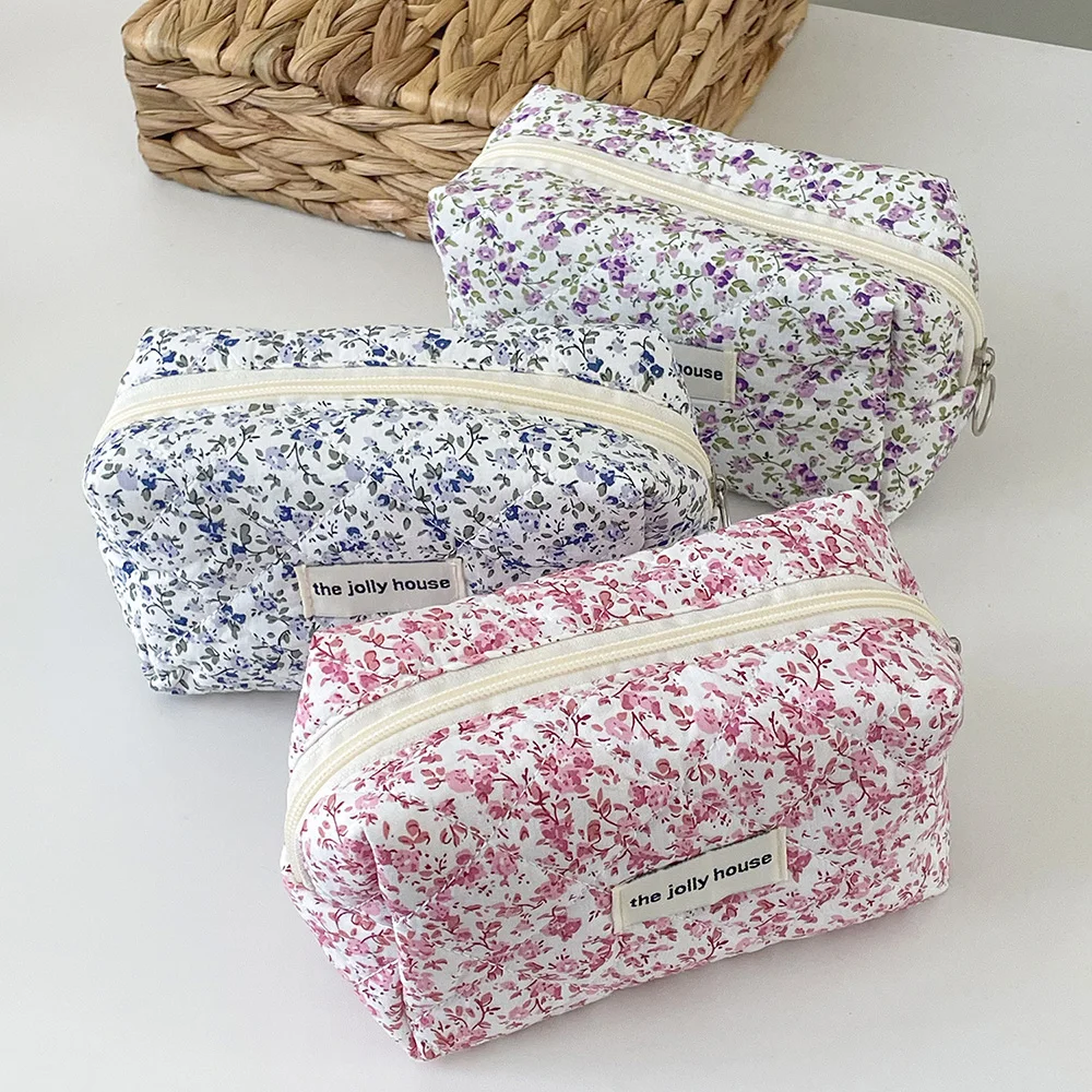 Bolsa de almacenamiento de maquillaje acolchada con flores, organizador de viaje portátil, neceser de aseo, bonito bolso de maquillaje Floral