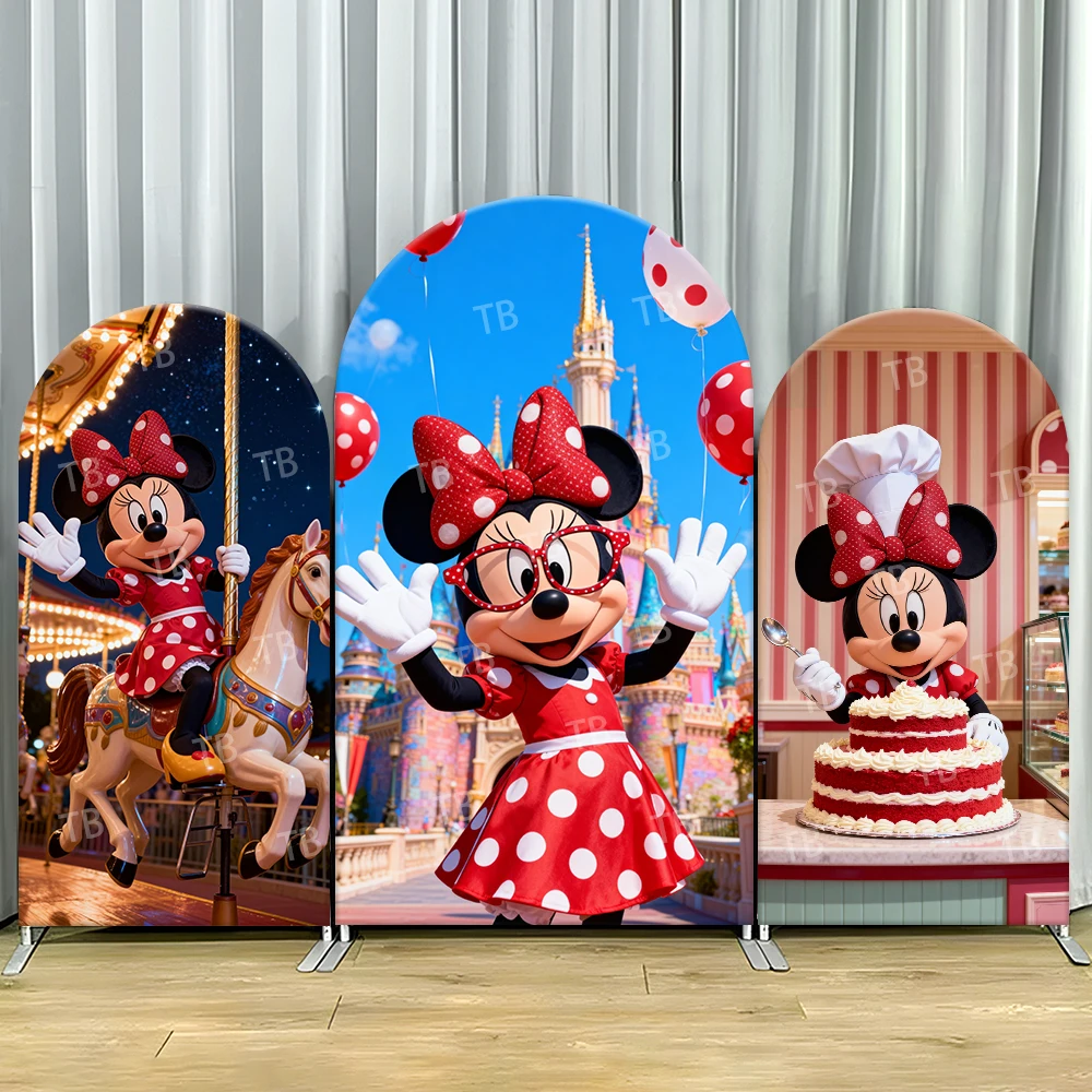 

Minnie Mouse Theme Park Arch Backdrop Cover Castle Cake Scene For Girls Birthday Party Disney Cartoon Theme Photo Booth Decor