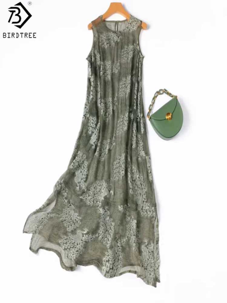 BirdTree, 100% Real Silk Sheer Dress, Women's Georgette Embroidery Breathable Dresses, Sleeveless, 2026 Spring New D63421JF