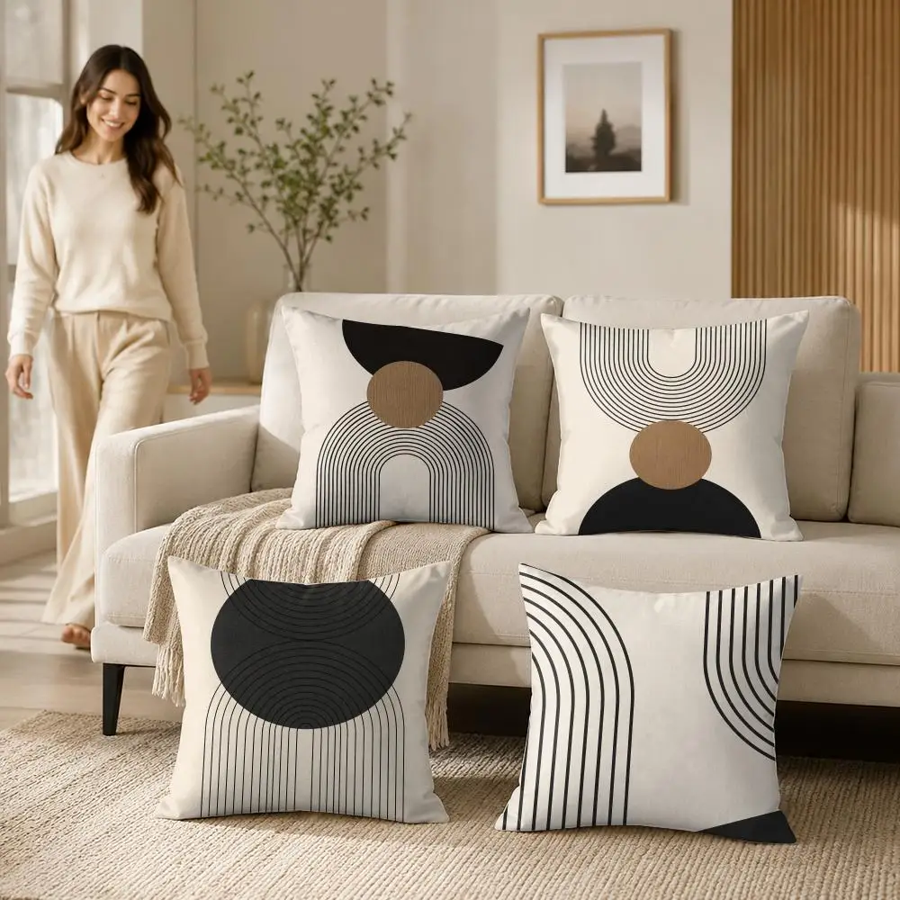 Abstract Minimalist Geometric Line Cushion Cover Soft Short Plush Pillow Case Double Sided Print Washable Sofa Home Decor Gift
