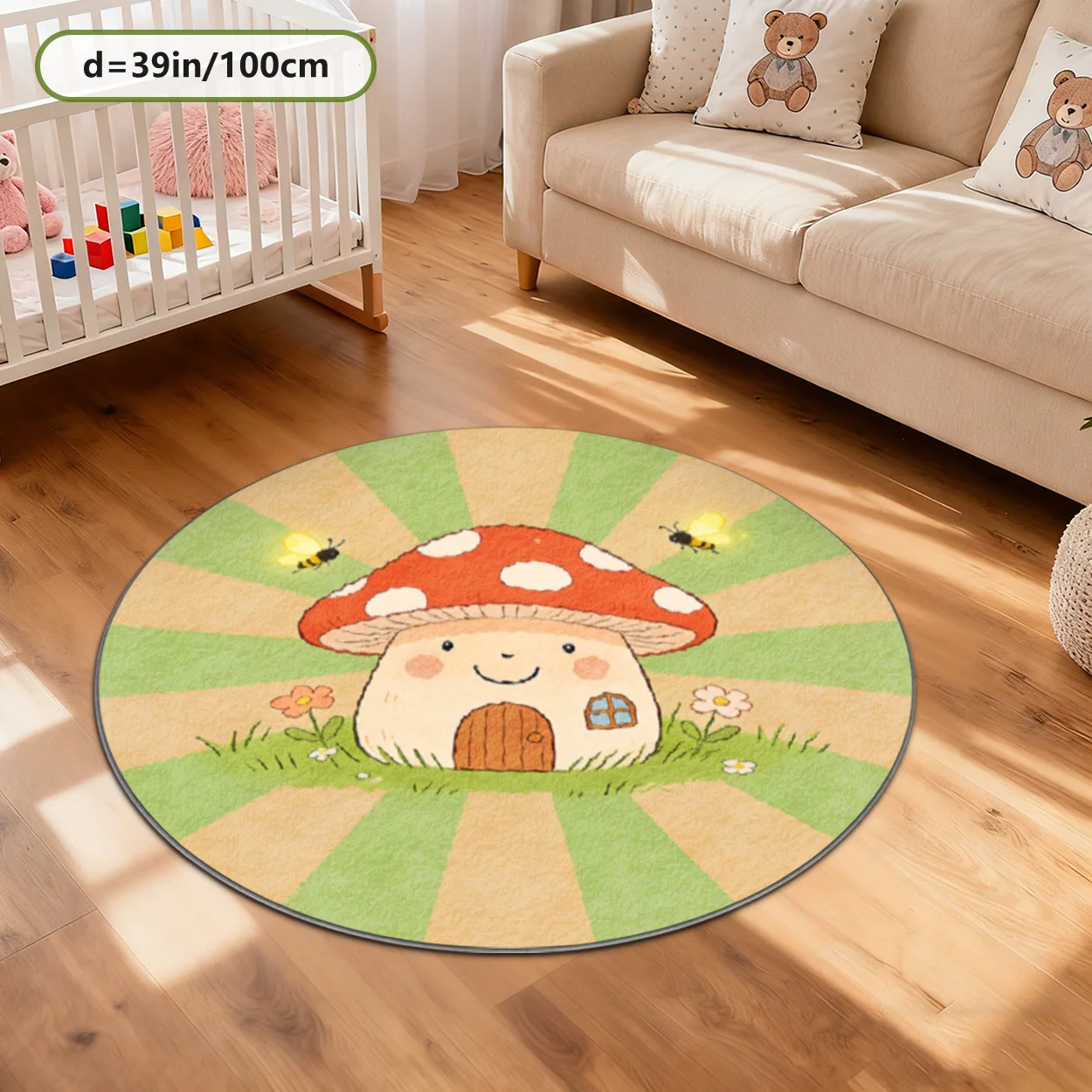 Cute Mushroom Toadstool Design Round Play Rug for Kids Room Decor Nursery Baby Mat Soft Washable Floor Decoration
