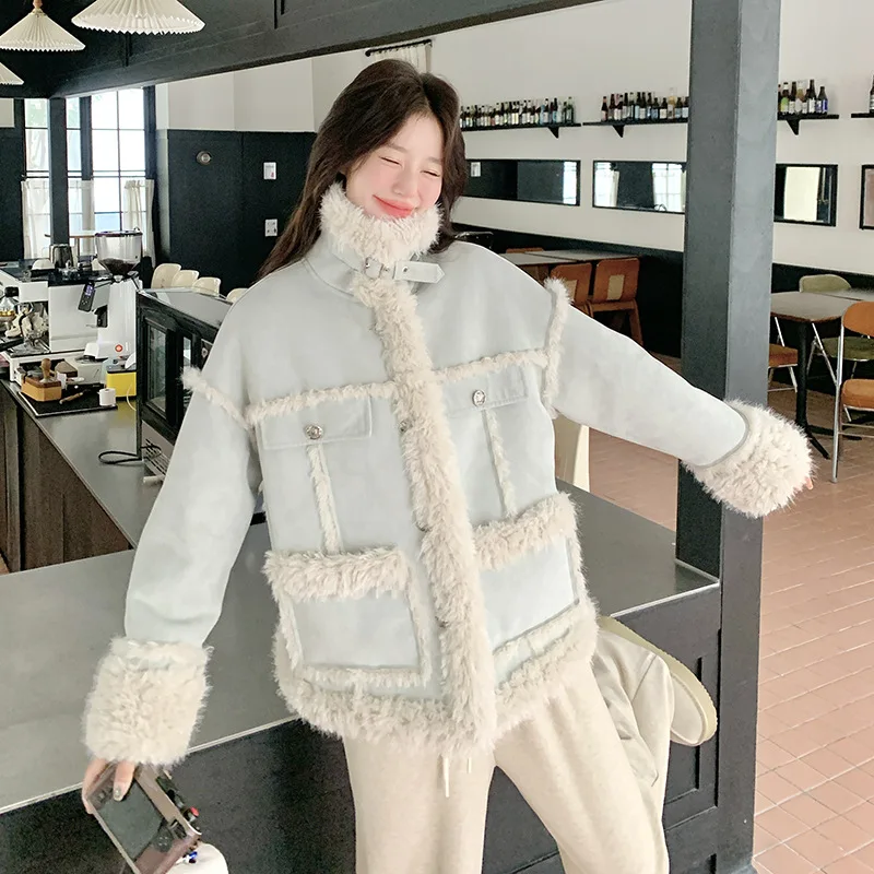 フェイクファーコート ライトブルー パッチワーク ラムウール 冬用ファー ジャケット フリース裏地付き レディース服 厚手 レザーファー ジャケット
