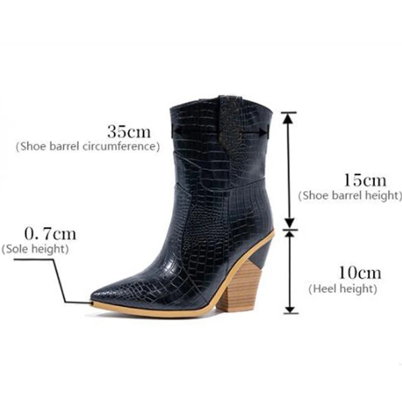 Fashion Botines Mujer Stone Pattern Chunky Wedges Boots For Women Runway Pointed Toe Western Cowboy Winter Ankle Boots Women