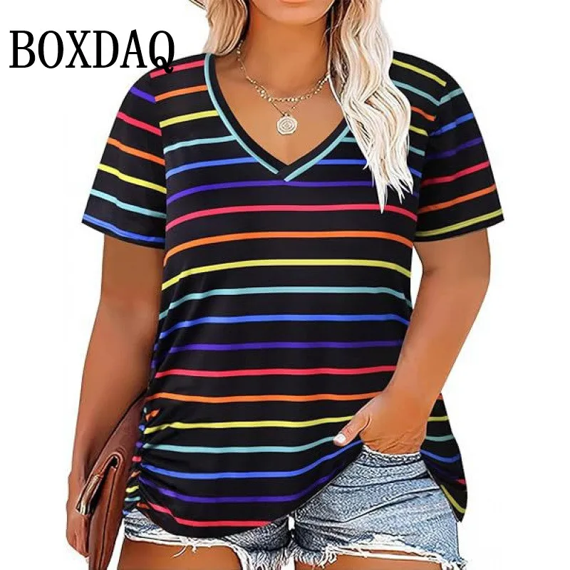 Summer Women Plus Size T Shirts Classic Black White Stripes V-Neck Short Sleeve Tunic Tops Loose Casual Women Tee Shirt 7XL 8XL