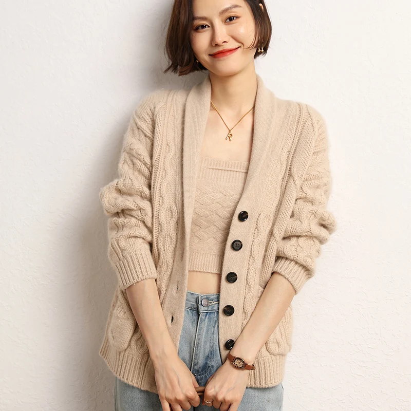 2023 Autumn Winter New 100% Cashmere Cardigan Knitted Sweater Women\'s Loose Large Size Cardigans Female Solid Thicken Warm Coat